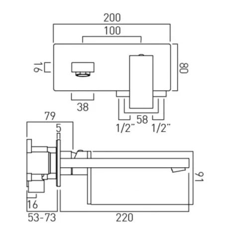 Vado Notion 2 Hole Basin Mixer With 220mm Spout Single Lever Wall Mounted With Rectangular Back Plate And Honeycomb Flow Regulator Chrome technical drawing - Image 3