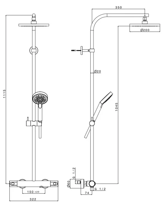 Crosswater Multivalve Curve Exposed Thermo Shower Chrome technical drawing - Image 2
