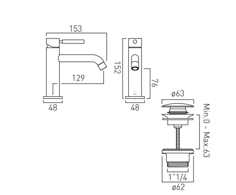 Vado Origins Slimline Single Lever Mono Basin Mixer With Universal Waste Chrome technical drawing - Image 2