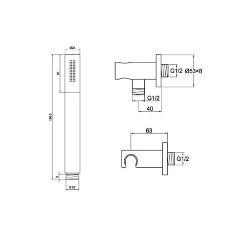 Just Taps Inox Round Water Outlet With Holder Metal Hose And Slim Hand Shower technical drawing - Image 2