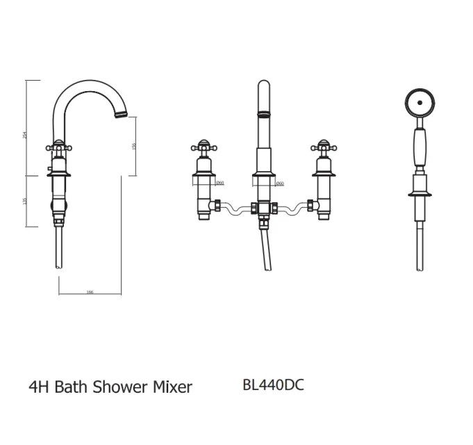Crosswater Belgravia Crosshead Bath 4 Hole Set Deck Mounted Chrome technical drawing - Image 2