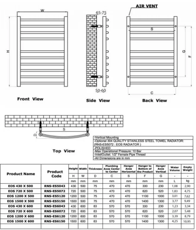 Reina Eos 600 X 1500 Curved Stainless Steel Towel Rail technical drawing - Image 4