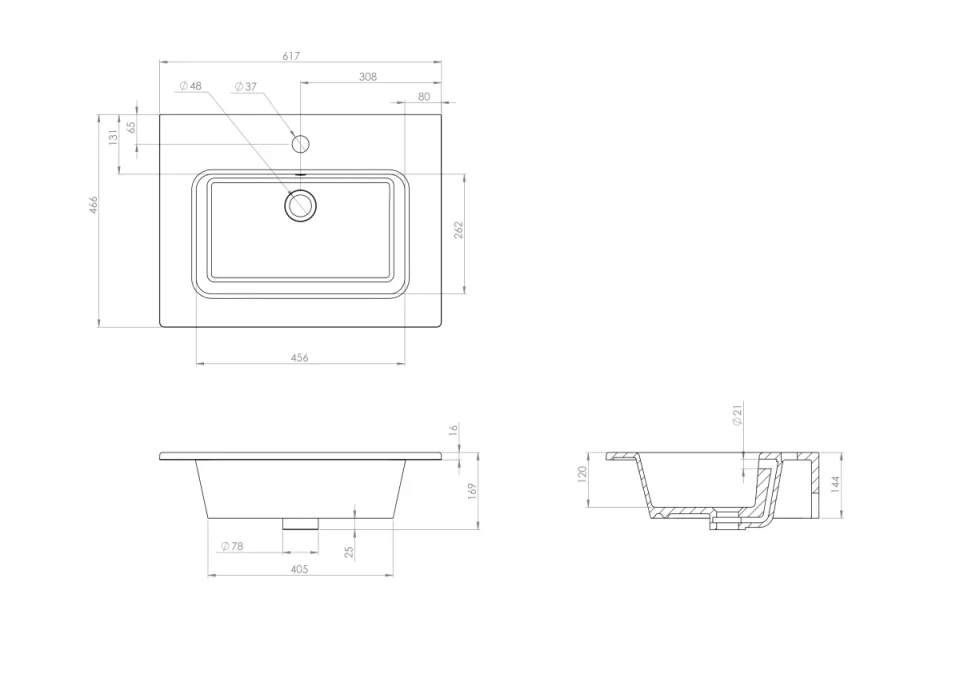 Saneux Uni 60x47cm Washbasin 1th technical drawing - Image 2