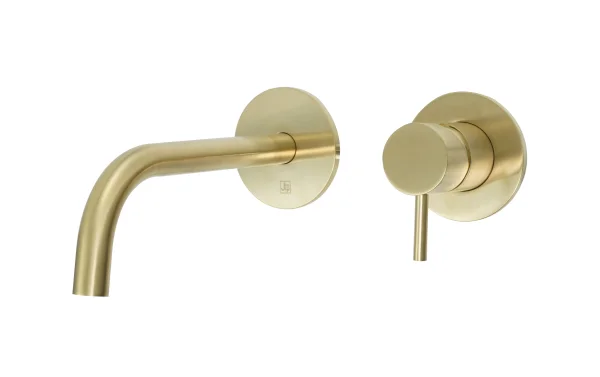 Just Taps Vos Single Lever Wall Mounted Basin Mixer Brushed Brass Slim Spout