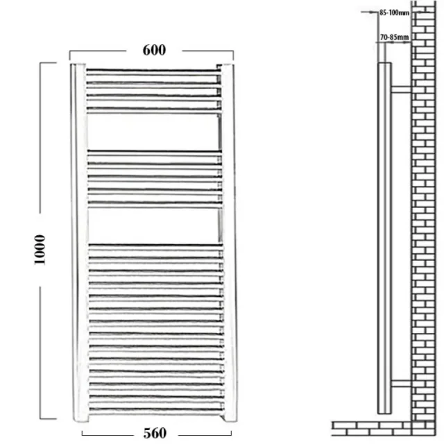 Reina Diva 600 X 1000 Towel Radiator Chrome Flat technical drawing - Image 3