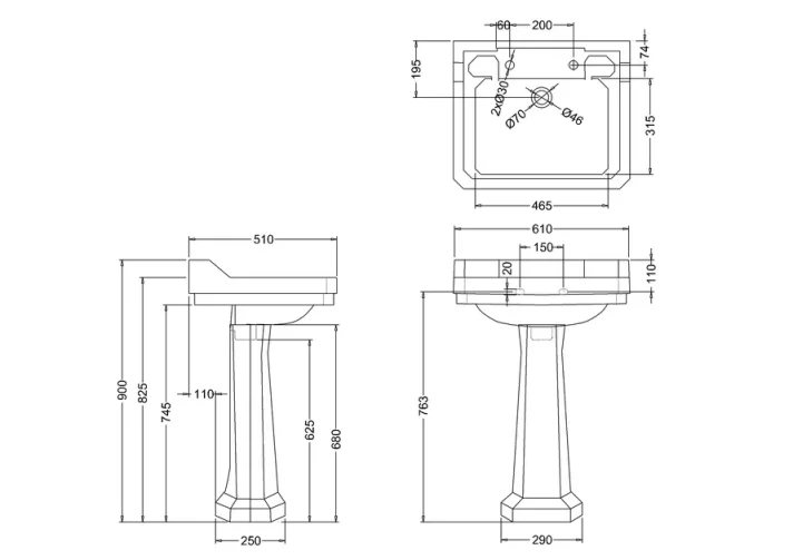 Burlington Edwardian Basin 61cm 2th technical drawing - Image 2