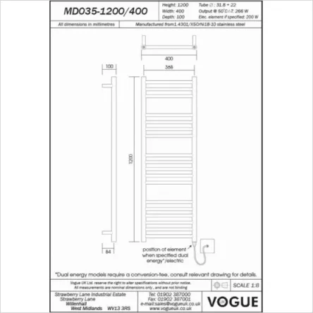 Vogue Chube Towel Radiator Heating Only - Polished Stainless Steel 1200X400 detail view - Image 3
