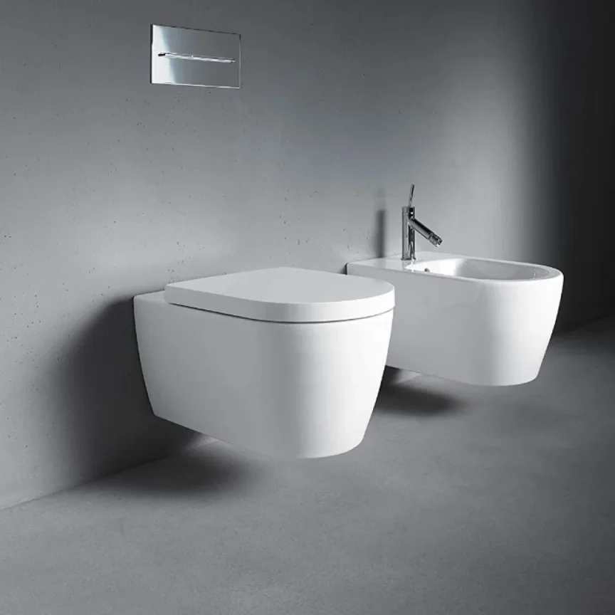 Duravit ME by Stark 480mm Compact Rimless Wall Hung Toilet Gloss White detail view - Image 2