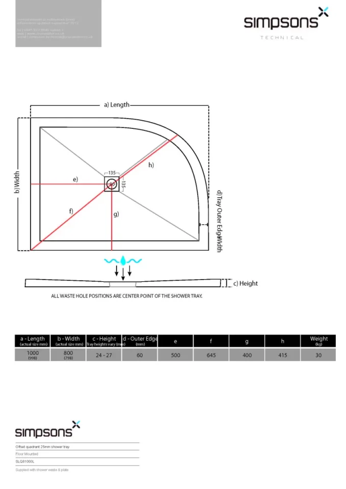 Crosswater Central Waste Offset Quadrant Left Hand 25mm Stone Resin Shower Tray 800 x 1000mm technical drawing - Image 3
