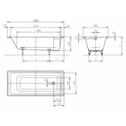 Kaldewei Puro 1800 X 800mm - No Tap Hole (model 653) (excl. Feet) technical drawing - Image 3