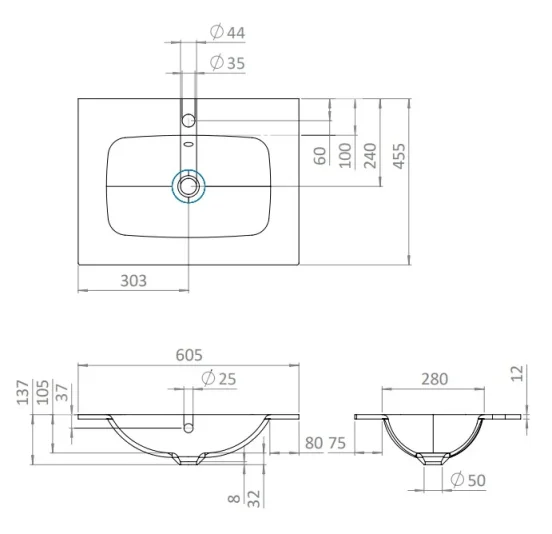 Crosswater Glide Ii Basin Glass 600 1th Ice White technical drawing - Image 4