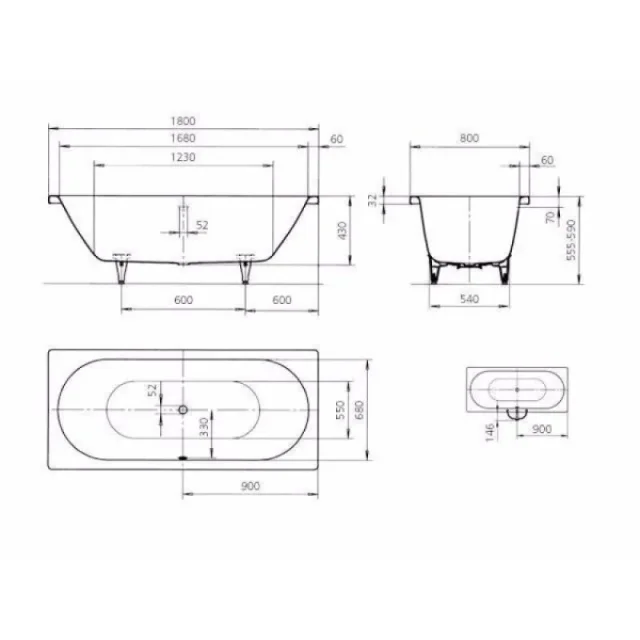 Kaldewei Classic Duo 1800 X 800mm No Tap Hole Bath (excl. Feet) technical drawing - Image 4