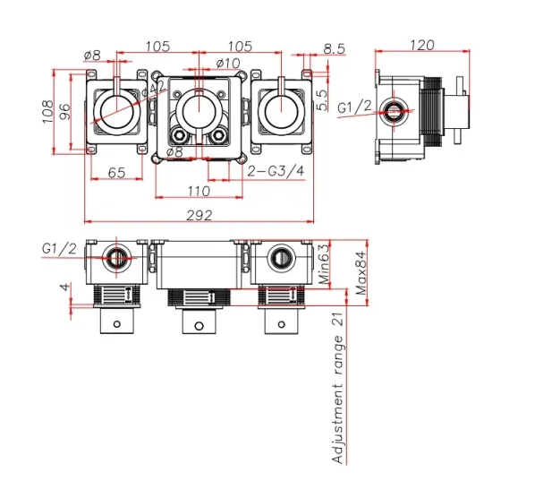 Ava Trend 4 Way 3 Handle Thermostat Valve W/Flange - Brushed Brass technical drawing - Image 3