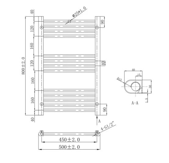 Just Taps Vos Radiator Brushed Black 800 X 500 technical drawing - Image 2