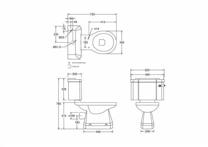 Burlington Close Coupled / Low Level Cistern 51cm Front Button (incl. Cistern Fittings) technical drawing - Image 2