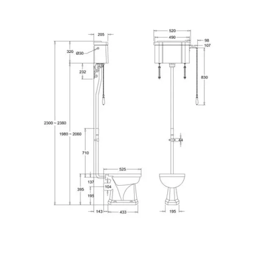 Burlington Single Flush High Level Cistern Tank With Chain & Ceramic Handle (including Cistern Fittings) technical drawing - Image 2
