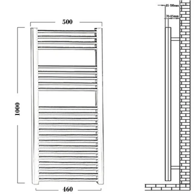 Reina Diva 500 X 1000 Towel Radiator Chrome Flat technical drawing - Image 3