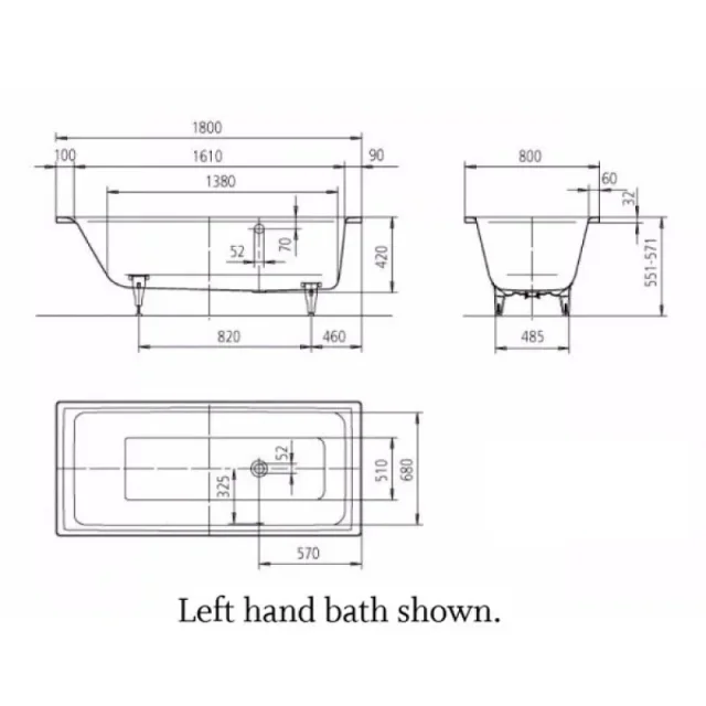 Kaldewei Puro 1800 X 800mm With Side Overflow (excl. Feet) technical drawing - Image 4