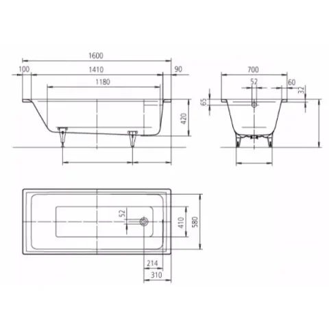 Kaldewei Puro 1600 X 700mm - No Tap Hole (model 683) (excl. Feet) technical drawing - Image 3