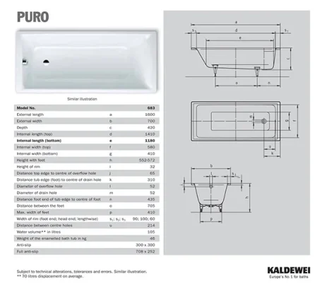 Kaldewei Puro 1600 X 700mm - No Tap Hole (model 683) (excl. Feet) technical drawing - Image 4