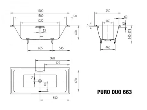 Kaldewei Puro Duo Bath 1700 X 750mm No Tap Hole (excl. Feet) technical drawing - Image 4
