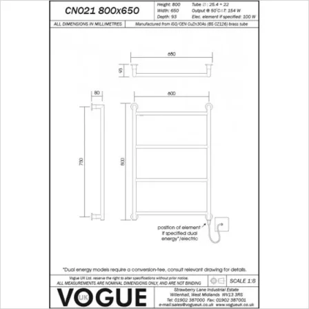 Vogue Vivid Towel Radiator Heating Only - Chrome 800X650 technical drawing - Image 3