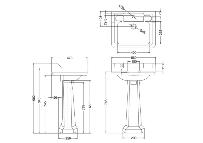 Burlington Edwardian Basin 56cm 2th technical drawing - Image 2