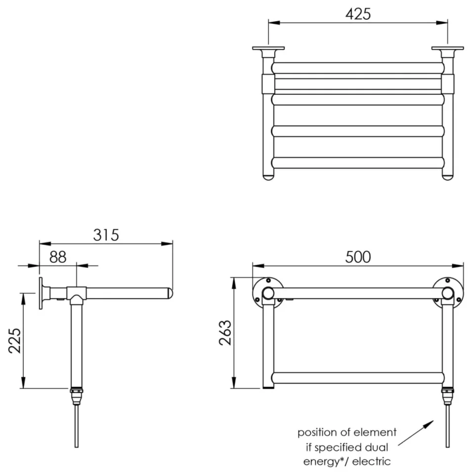Vogue Solo Br Towel Radiator Heating Only - Chrome 263X500 technical drawing - Image 4