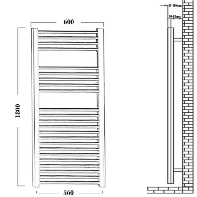 Reina Diva 600 X 1800 Towel Radiator Chrome Flat technical drawing - Image 4