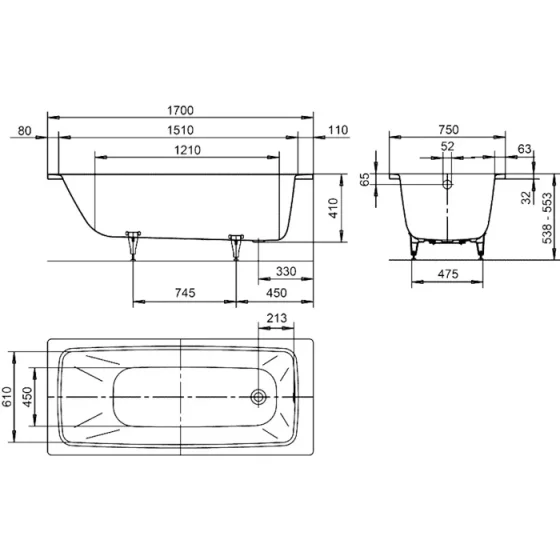 Kaldewei Cayono 1700 X 750mm No Tap Hole Bath (excl. Feet) technical drawing - Image 3