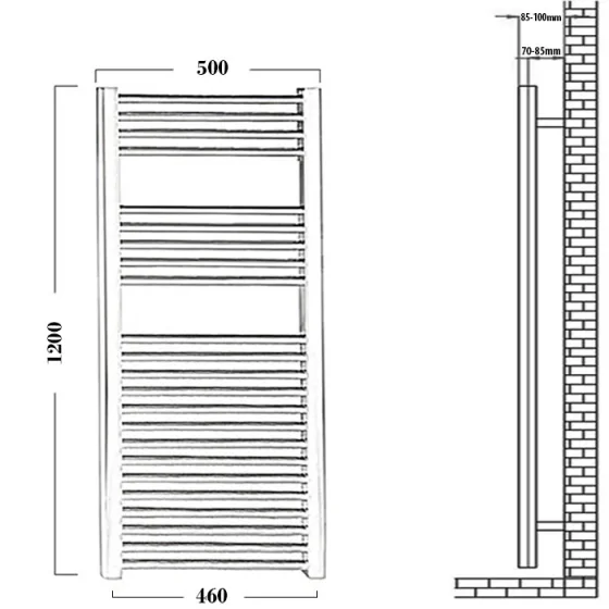 Reina Diva 500 X 1200 Towel Radiator Chrome Flat technical drawing - Image 2