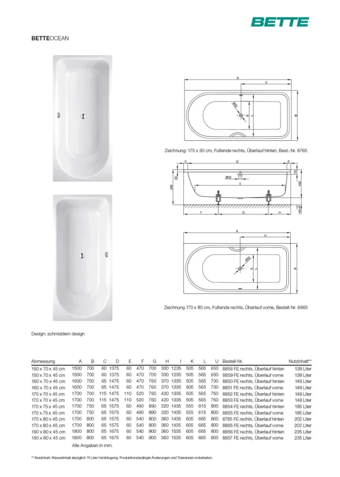 Bette Ocean 1500 700mm Foot End Rightoverflow Rear White technical drawing - Image 2