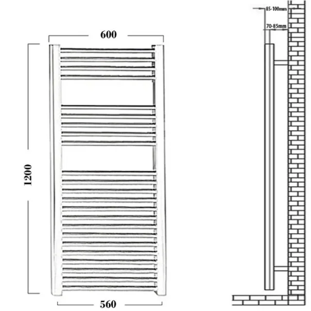 Reina Diva 600 X 1200 Towel Radiator Chrome Flat technical drawing - Image 3