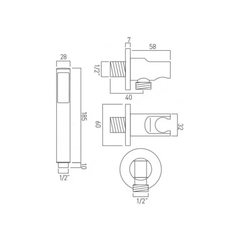 Vado Zoo Single Function Mini Shower Kit With 150cm Shower Hose And Bracket With Integrated Outlet Chrome technical drawing - Image 3