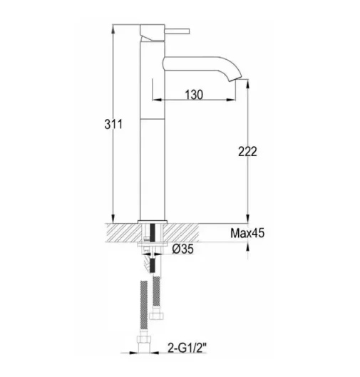 Just Taps Vos Tall Single Lever Basin Mixer Brushed Brass technical drawing - Image 2