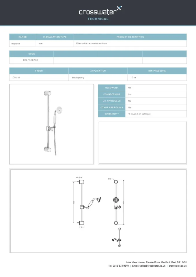 Crosswater Belgravia Slide Rail 600mm Handset Hose Chrome technical drawing - Image 2