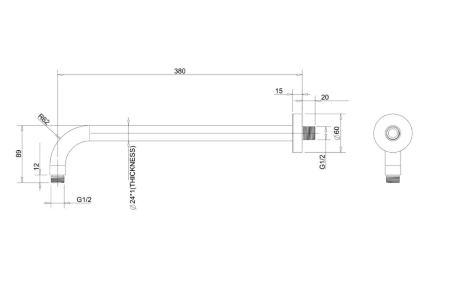 Crosswater Square Shower Arm 380mm Chrome technical drawing - Image 3