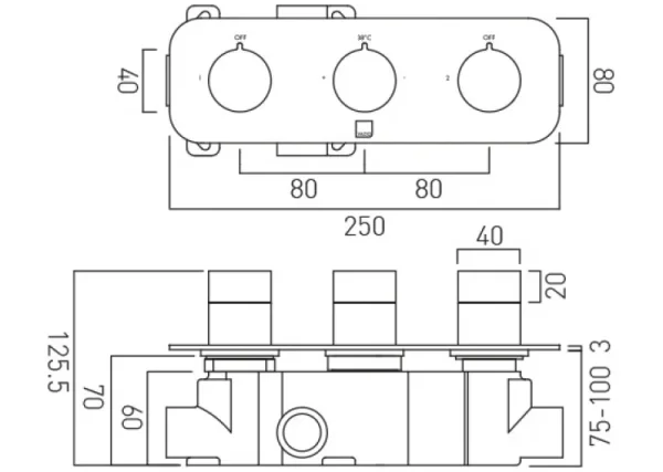 Vado Tablet Altitude 2 Outlet 3 Handle Concealed Thermostatic Valve Horizontal Chrome technical drawing - Image 4