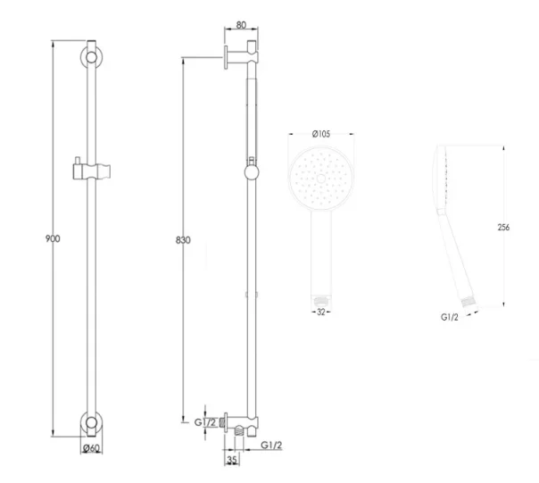 Just Taps Vos Slide Rail With Round Shower Handle And Hose Brushed Black technical drawing - Image 2