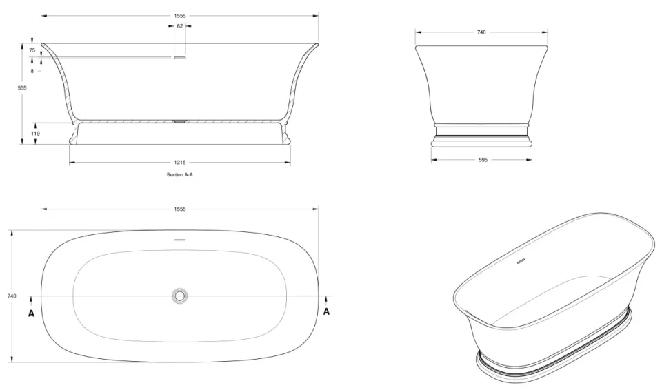 Bc Designs Bampton Bath 1555 X 740 (no Waste) Matt White detail view - Image 3