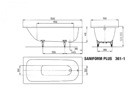 Kaldewei Saniform Plus 1500 X 700mm Bath - White - No Tap Hole (excl. Feet) technical drawing - Image 3