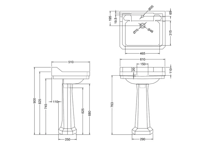 Burlington Edwardian 610 1TH Basin and Standard Pedestal technical drawing - Image 2
