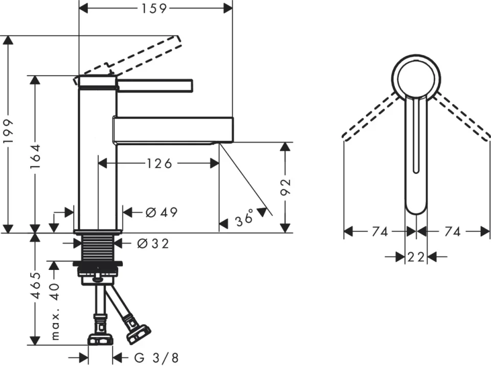 Hansgrohe Finoris Basin Mix 100 Push-openchrome technical drawing - Image 2