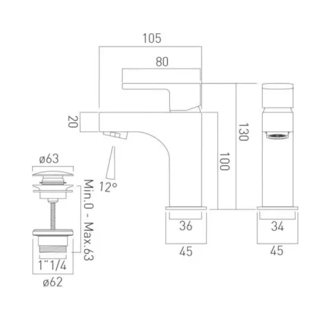 Vado Life Mono Basin Mixer Smooth Bodied Single Lever Deck Mounted With Universal Waste Chrome technical drawing - Image 3