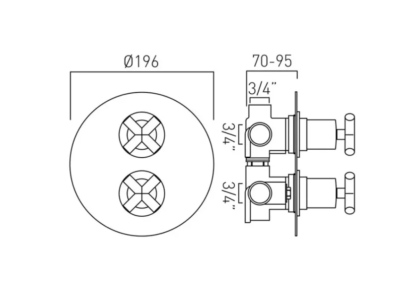 Vado Dx Elements 3 Outlet 2 Handle Concealed Thermostatic Valve Round Backplate Chrome technical drawing - Image 2