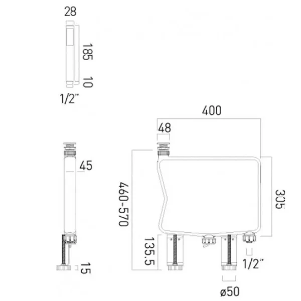 Vado Zoo Capsule Single Function Shower Handset With Flexible Chrome Plated Brass Hose And Concealed Box To Eliminate Water Ingress Chrome technical drawing - Image 2
