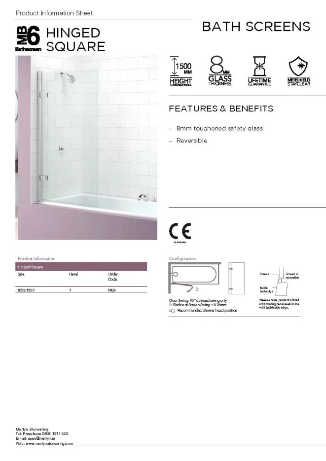Merlyn Hinged Square Bathscreen 850 X 1500mm technical drawing - Image 4