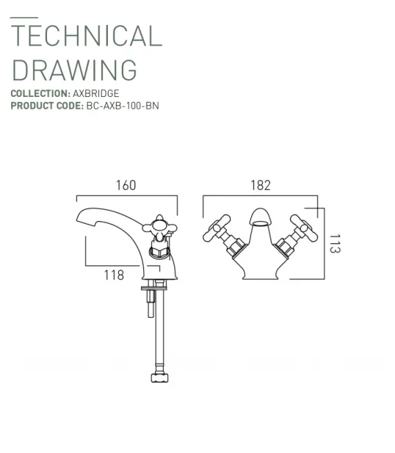 Booth & Co. Mono Basin Mixer With Pop-up Waste Bright Nickel & Crackled White technical drawing - Image 2