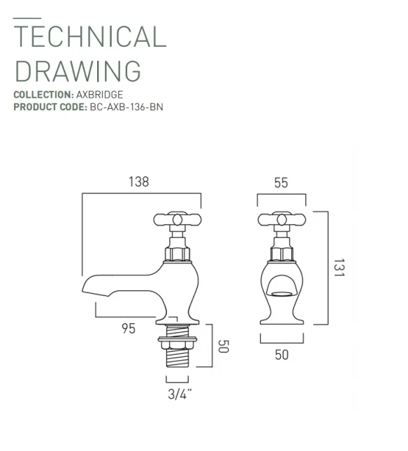 Booth & Co. Bath Pillar Taps Bright Nickel & Crackled White technical drawing - Image 2