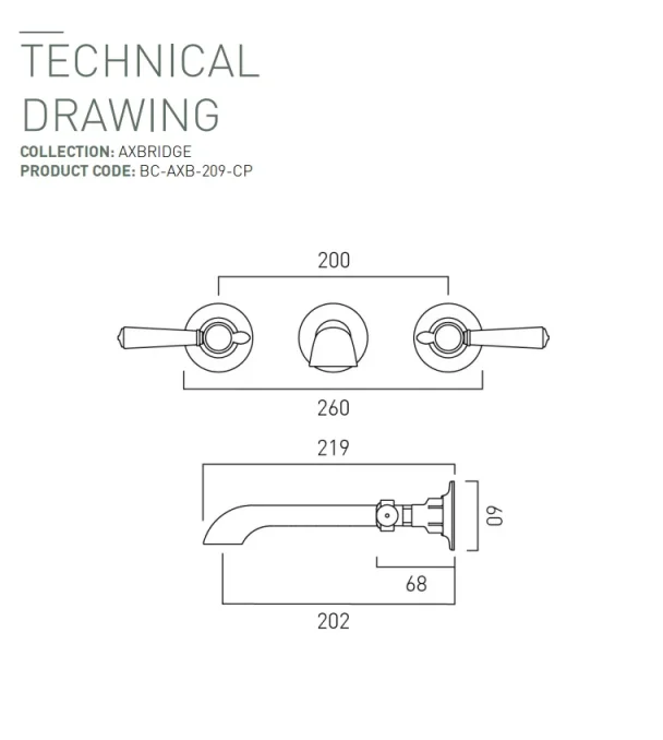 Booth & Co. Wall Mounted Basin & Bath Mixer Chrome & White technical drawing - Image 2
